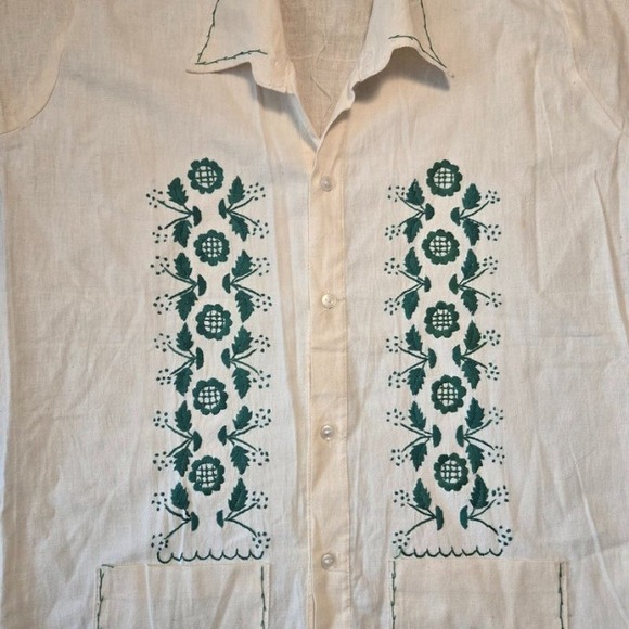Vintage Handmade Guayabera Folklore Floral Bordado Manta Top Patch Pockets Boho - Picture 8 of 11